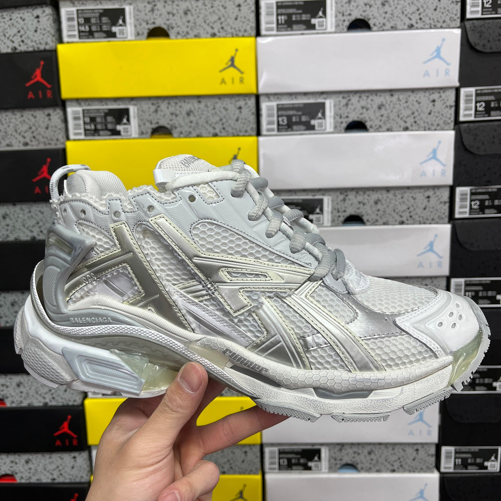 Balenciaga unisex sneaker, light silver/white mesh with metallic overlays