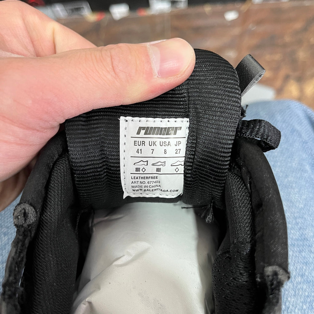 Black Balenciaga sneaker size label inside, showing EU 41 and US 8/UK 7