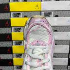 White and pink lace-up sneaker with mesh toe panel and padded collar