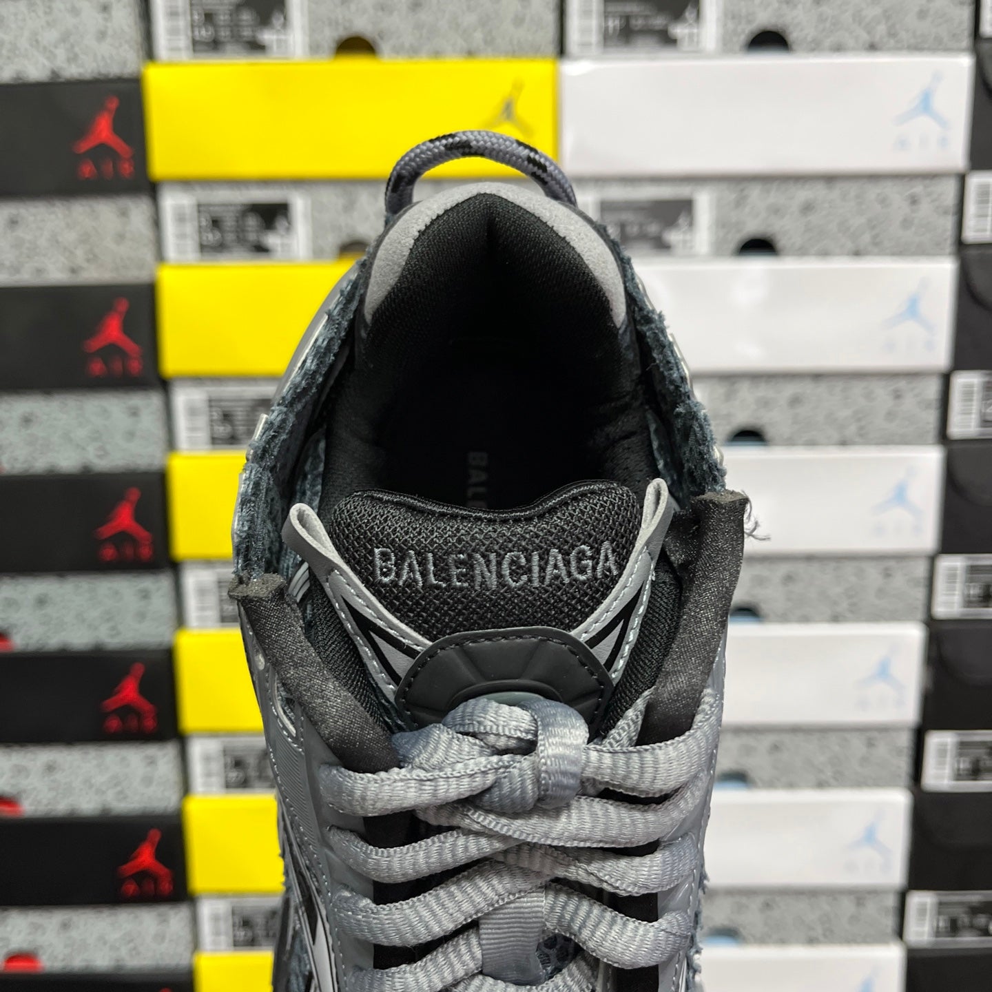 Balenciaga grey lace-up sneaker heel with logo on inner lining.