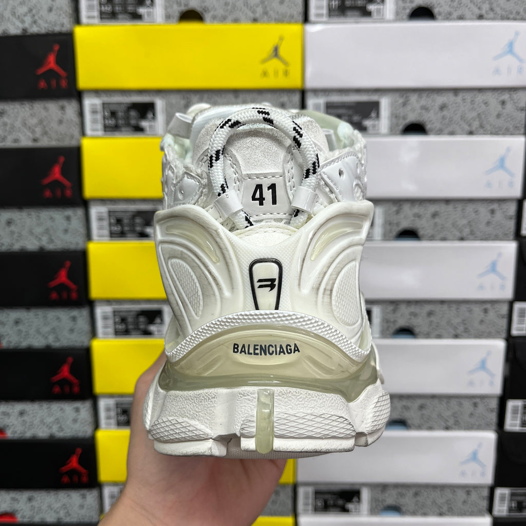 White Balenciaga unisex sneakers, rear view with BALENCIAGA logo and air sole