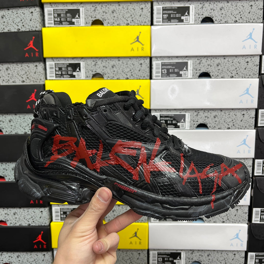Black and red Balenciaga runner sneaker, textured mesh, lace-up front