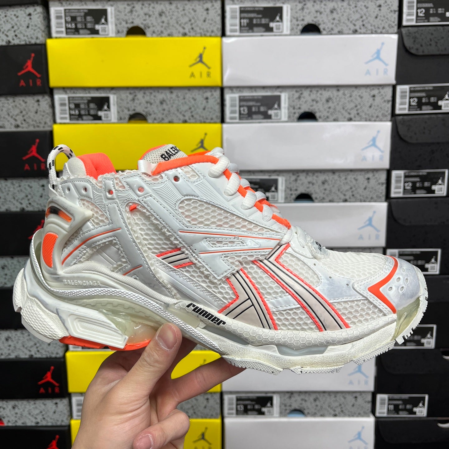 Balenciaga runner sneakers, white mesh upper with orange stripes and chunky sole