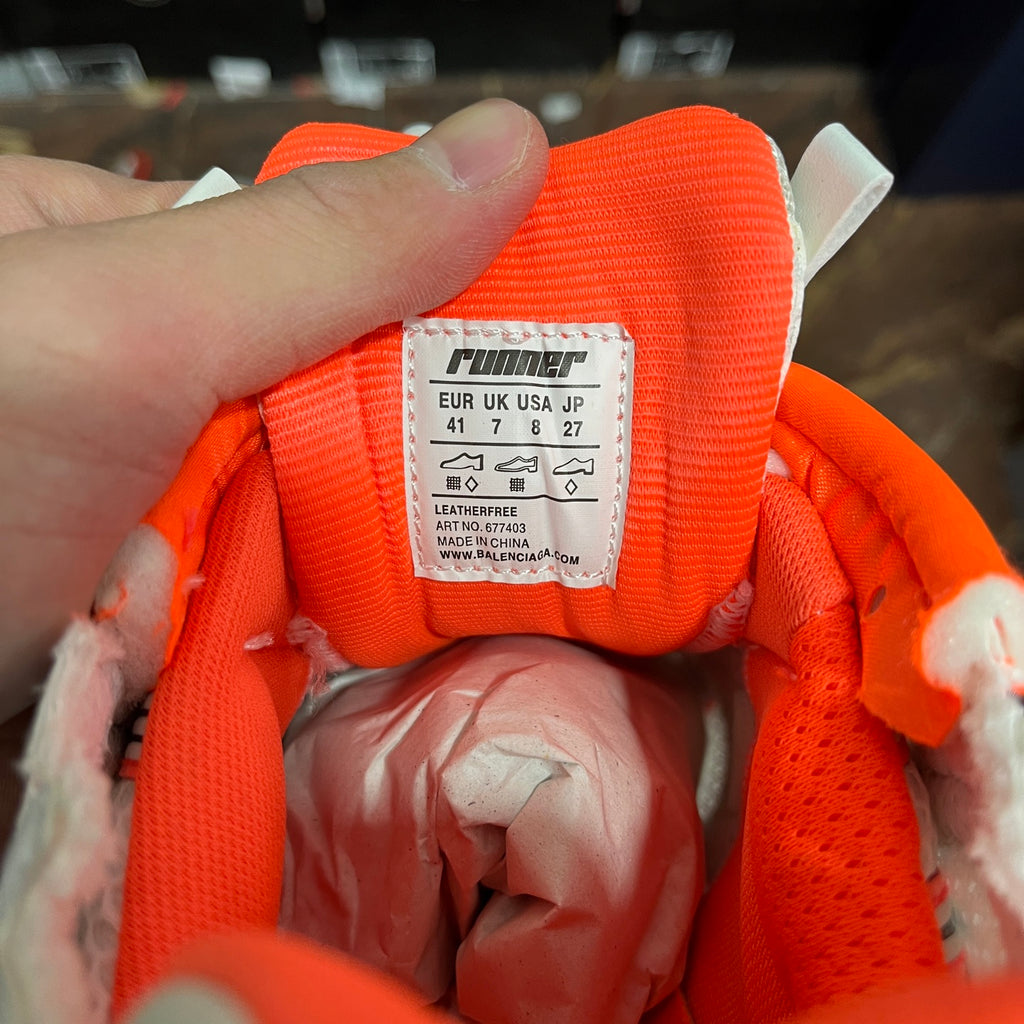Balenciaga runner sneakers size label inside, orange lining with size chart text