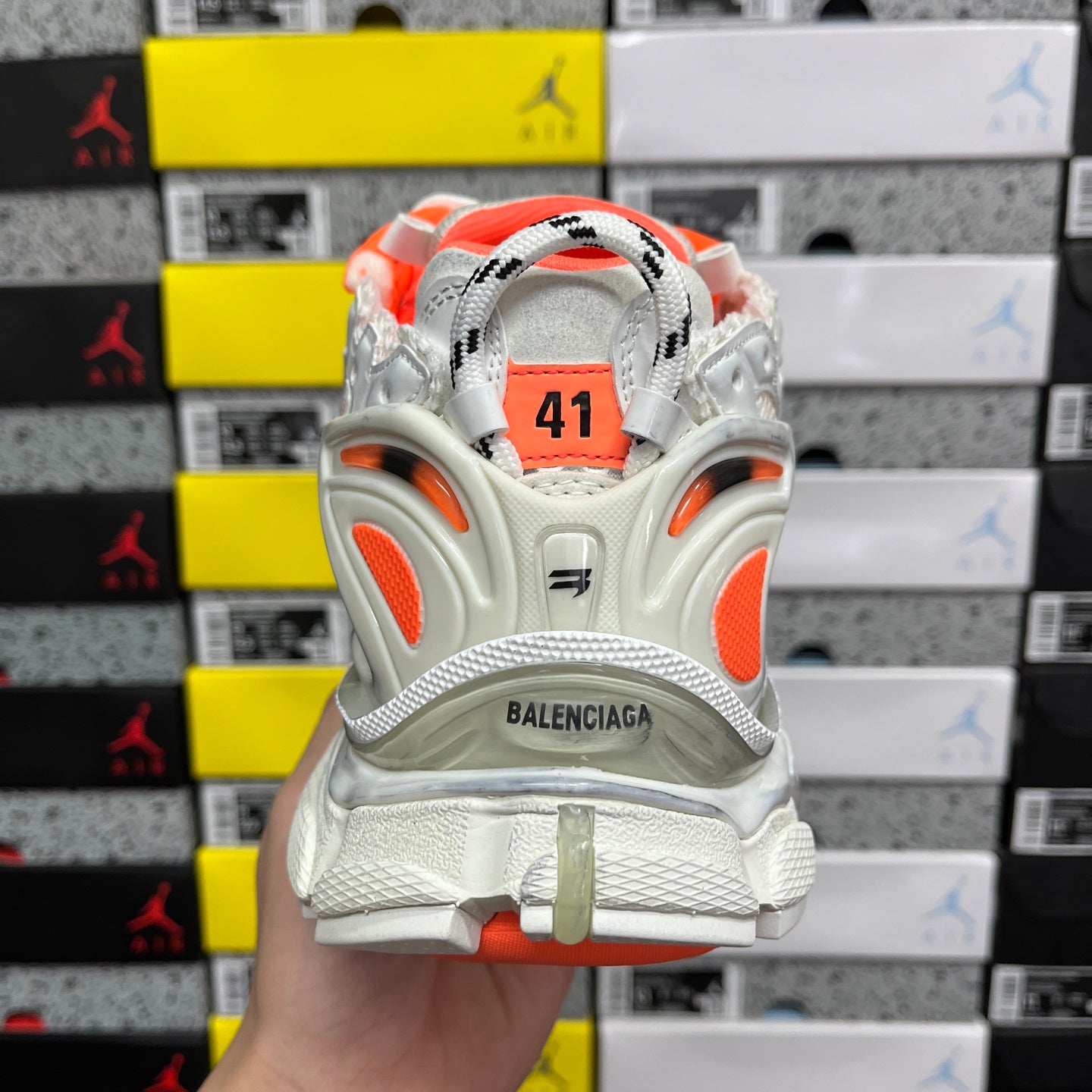 Balenciaga runner sneakers heel back, size tag showing 41 with BALENCIAGA branding