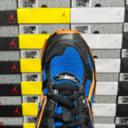 High-top unisex sneakers, blue mesh toe with black laces and orange edging