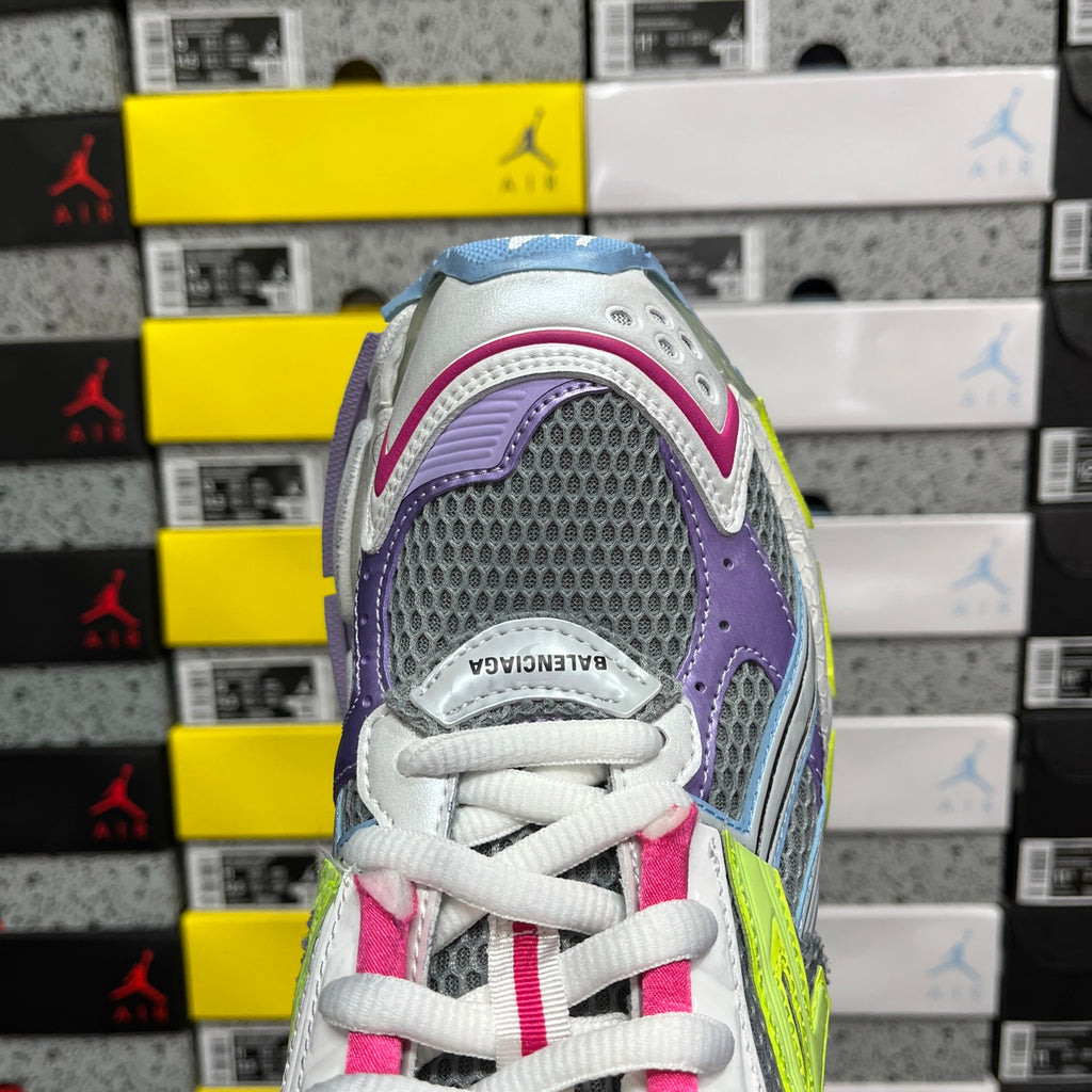 Balenciaga unisex sneaker toe and lace front, purple and light blue mesh with white laces