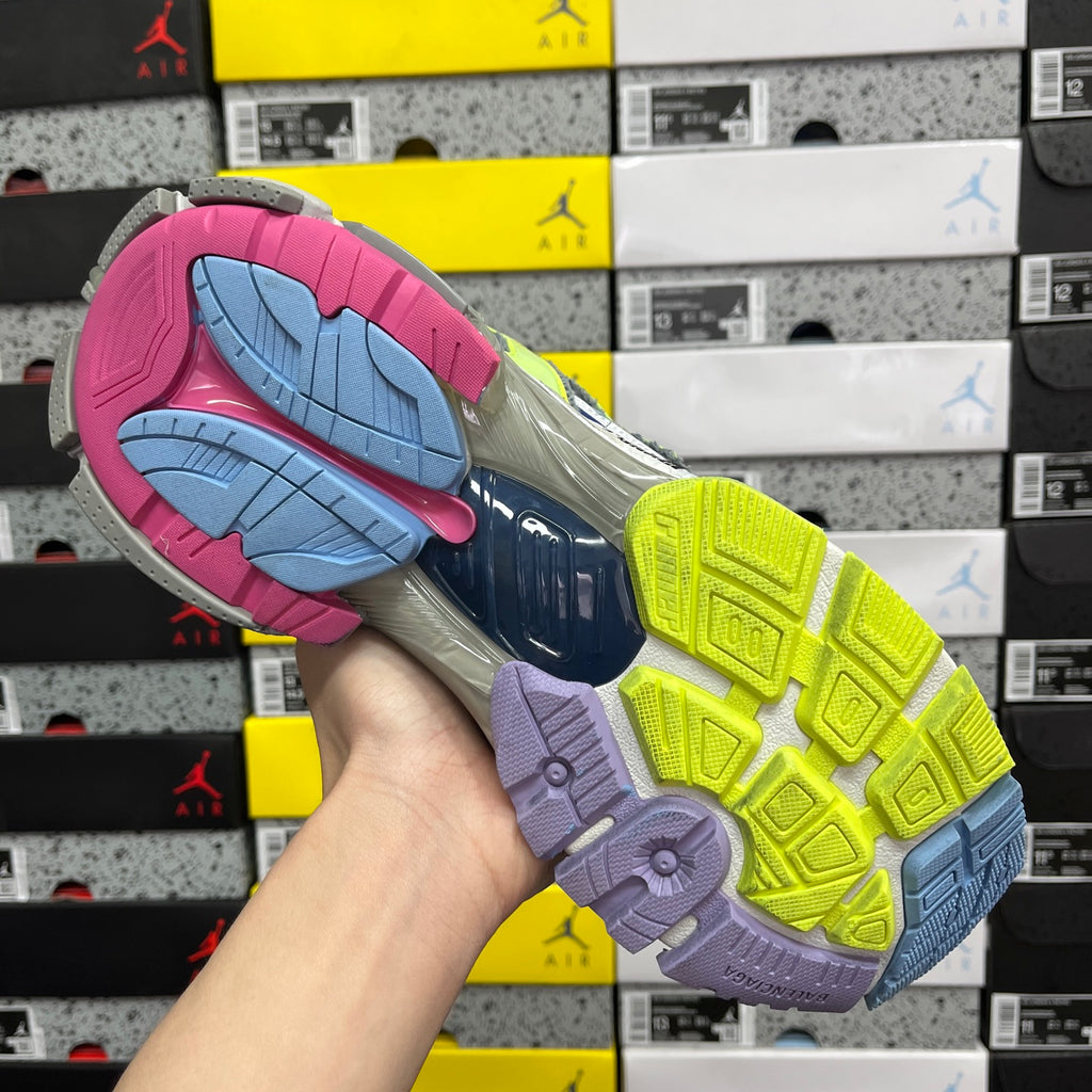 Balenciaga unisex sneaker outsole, multicolor rubber tread with pink and neon green sections