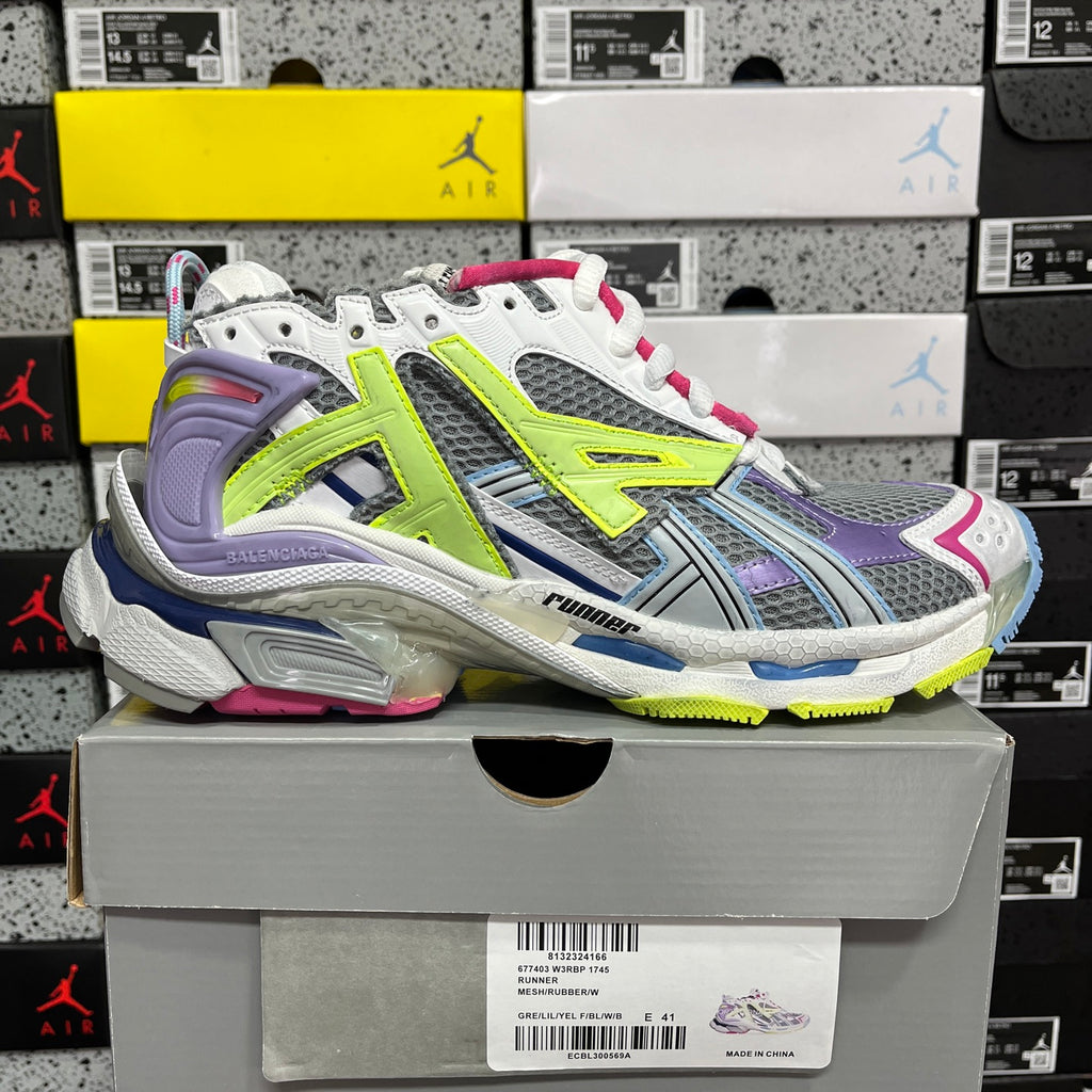 Balenciaga unisex sneakers on gray box, multicolor mesh with neon green and pink details