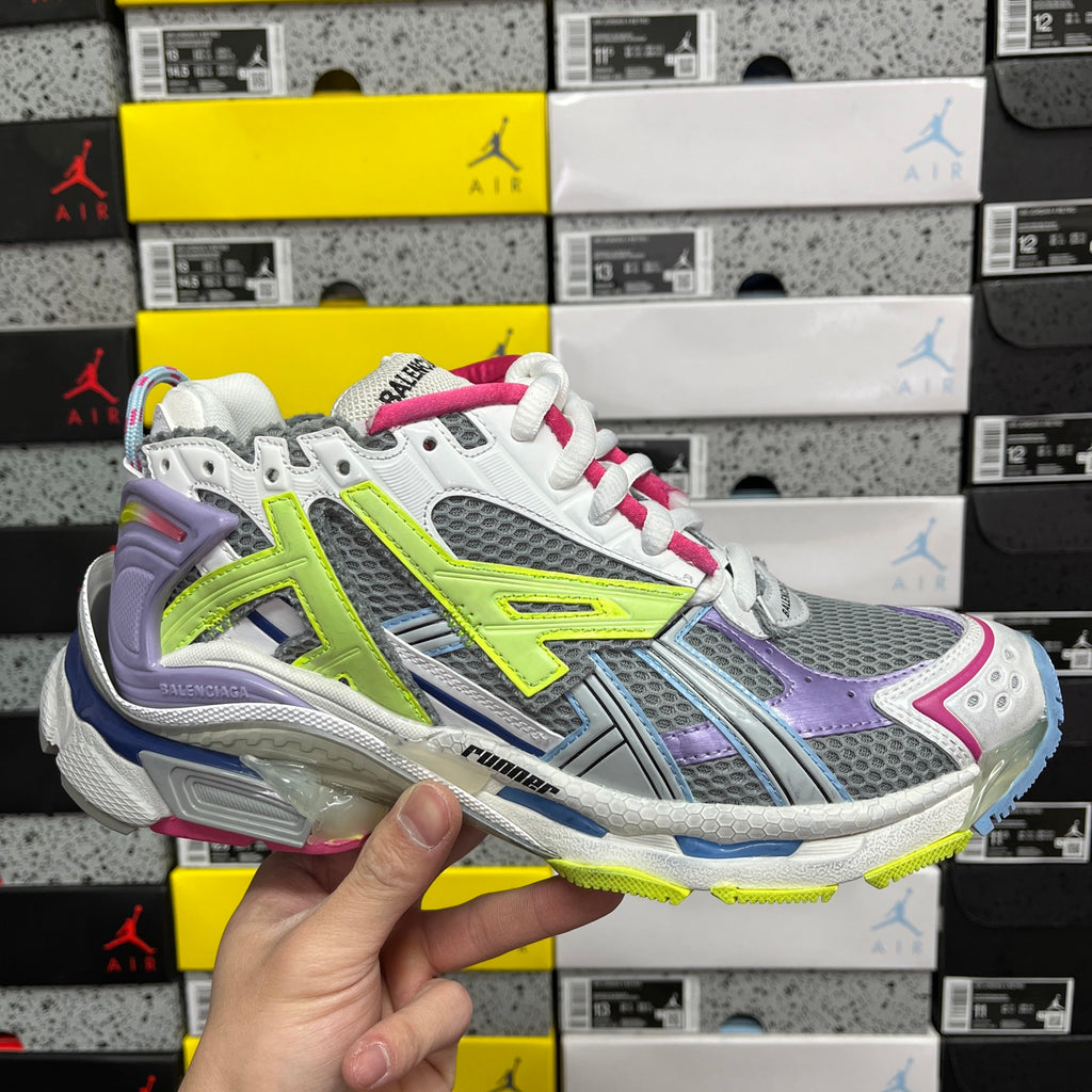 Balenciaga unisex sneakers, multicolor mesh upper with neon green accents and white laces