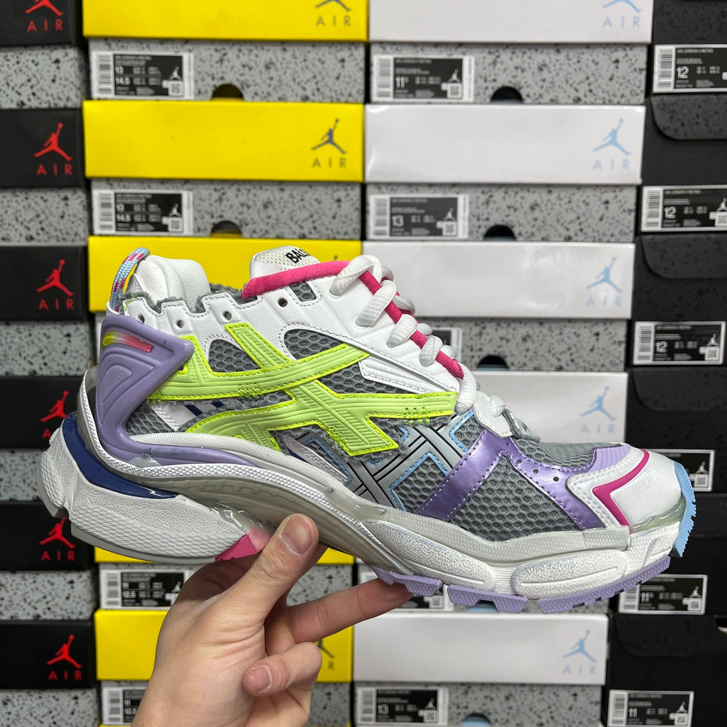 Balenciaga unisex sneakers front angle, multicolor mesh with neon green and purple side panels