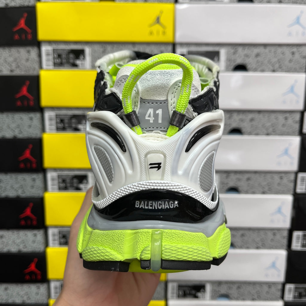 Balenciaga unisex sneakers heel and back, silver upper with black trim and neon green sole