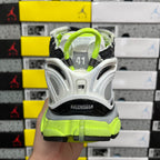 Balenciaga unisex sneakers heel and back, silver upper with black trim and neon green sole