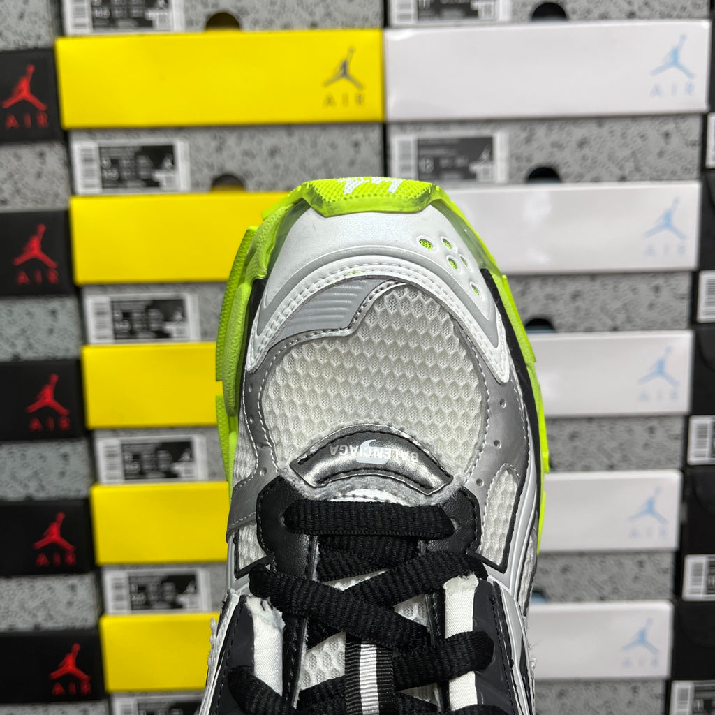 Balenciaga unisex sneakers heel, silver and black with neon green collar and lace panel