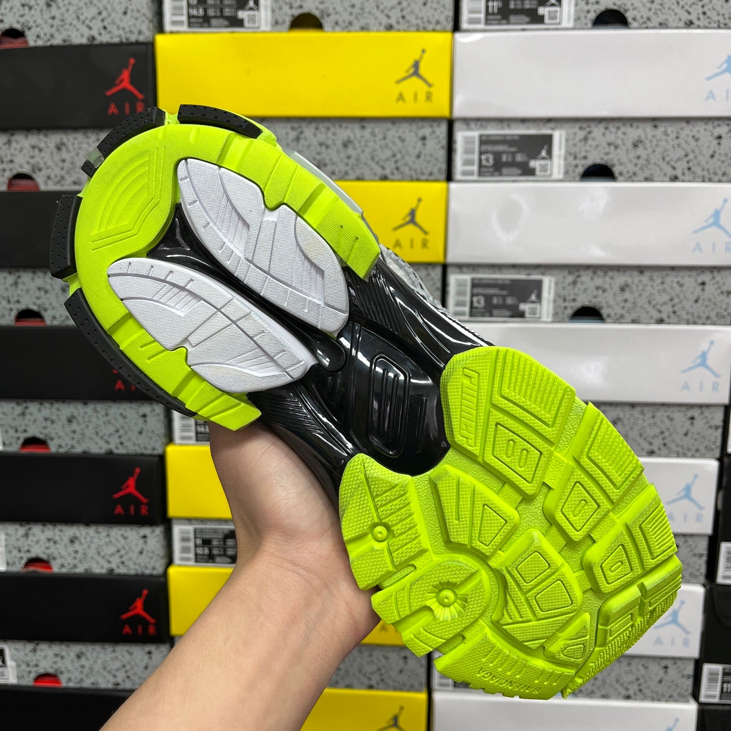Balenciaga unisex sneakers outsole view, neon green rubber tread