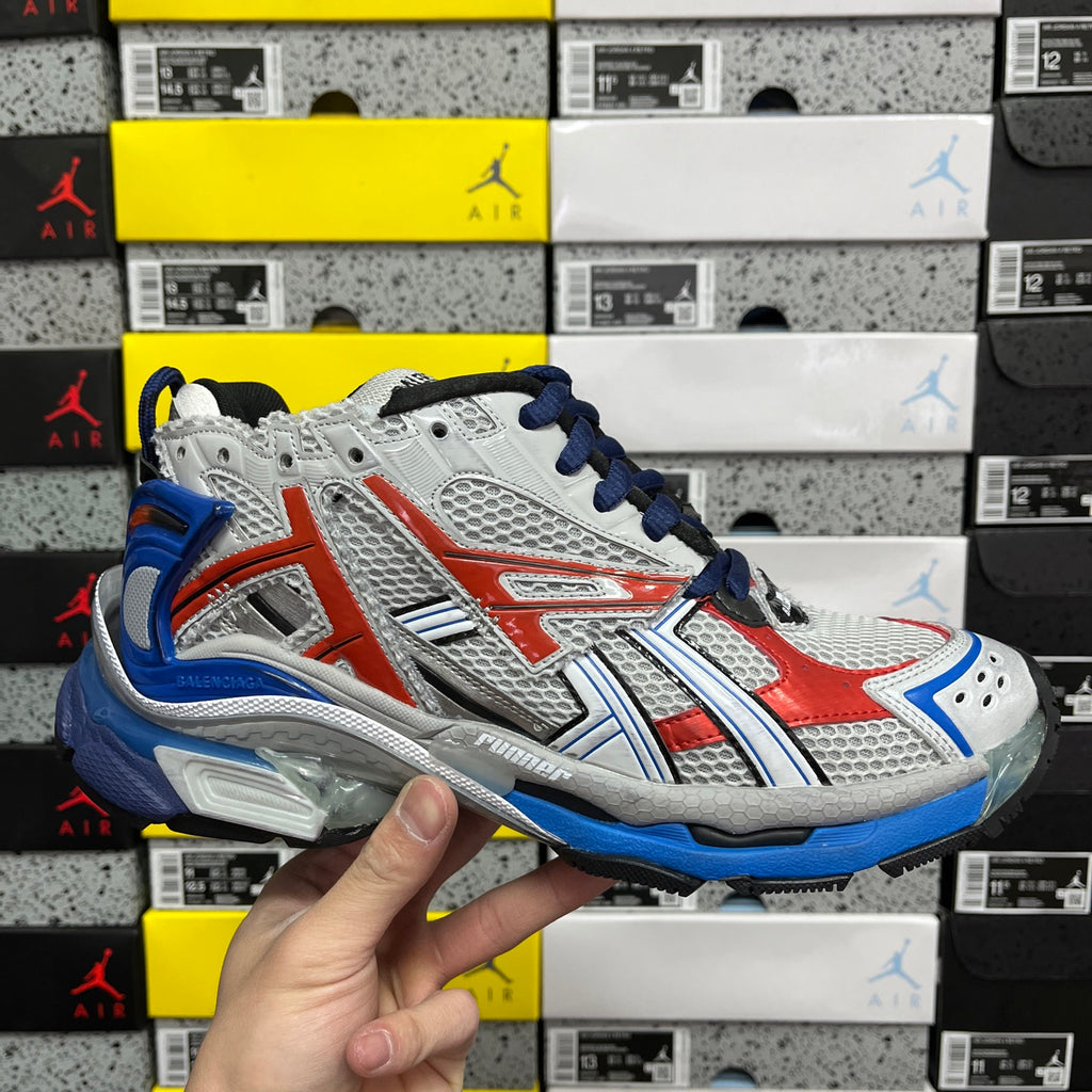 Balenciaga unisex sneakers with white mesh, red and blue panels, blue laces