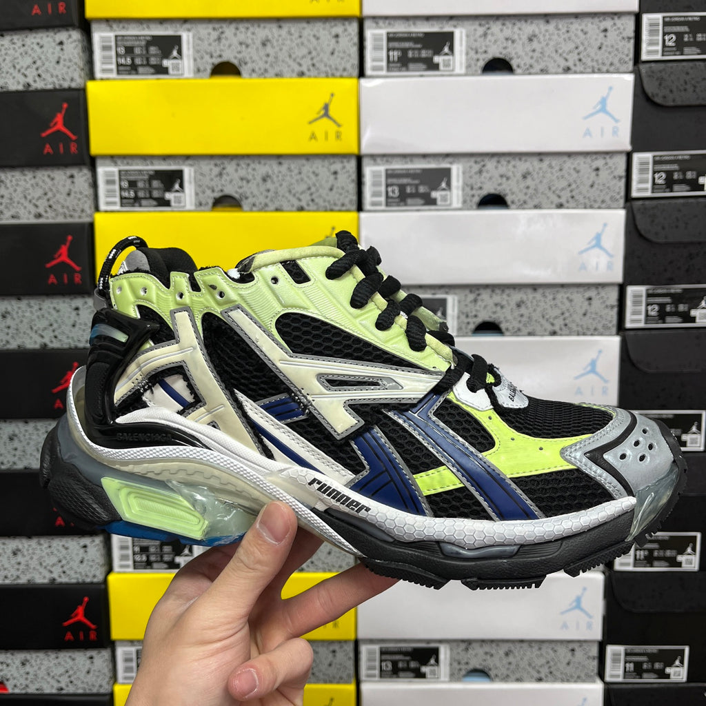 Balenciaga unisex running sneaker in neon green, black, and white with blue accents