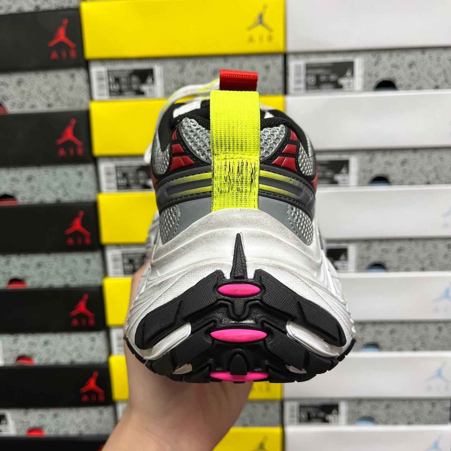Balenciaga unisex chunky sneaker, top view with neon green strap and dark sole