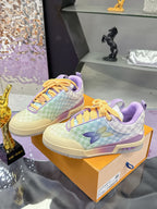 Louis Vuitton ladies sneakers with pastel checkered design, purple lining, and yellow laces
