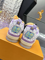 Louis Vuitton ladies sneakers, back view with purple heel tabs and colorful checkered details