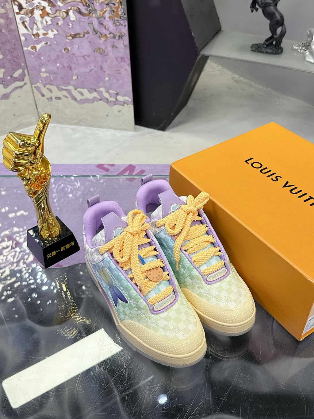Louis Vuitton ladies sneakers, pastel checkered upper with butterfly detail and yellow lace-up