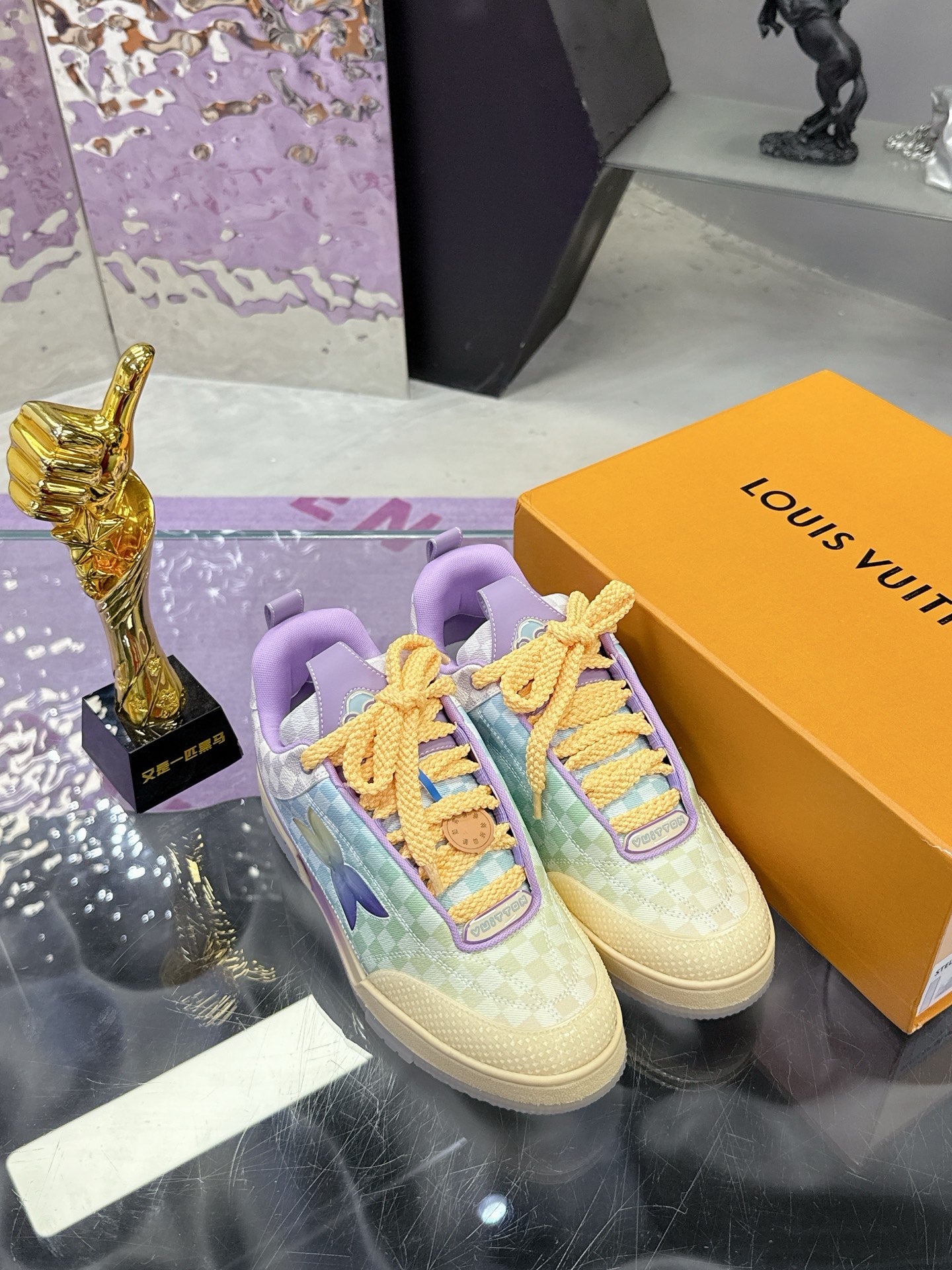 Louis Vuitton ladies sneakers, pastel checkered upper with butterfly detail and yellow lace-up