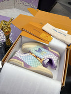 Pair of Louis Vuitton ladies sneakers with pastel checkered print and purple heel accents