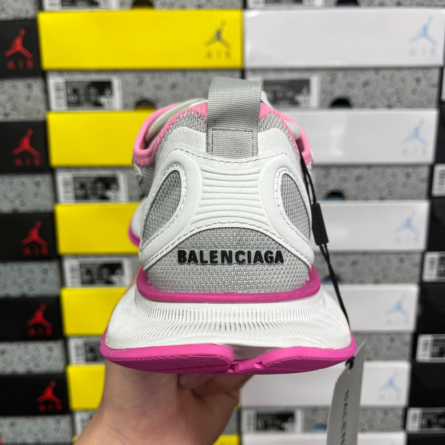 Balenciaga unisex running shoes, white heel with gray sides and pink sole trim