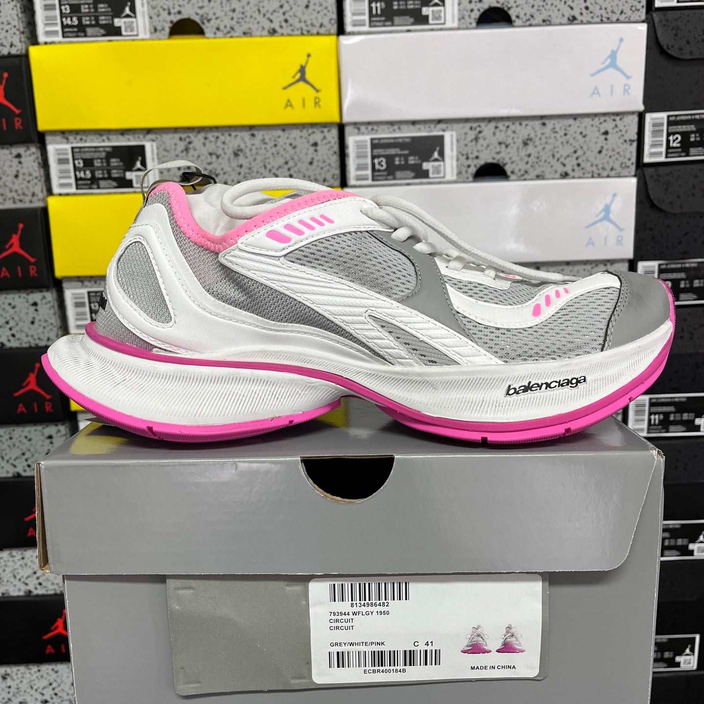 Balenciaga unisex running shoes, white and gray with pink outsole and lace-up front
