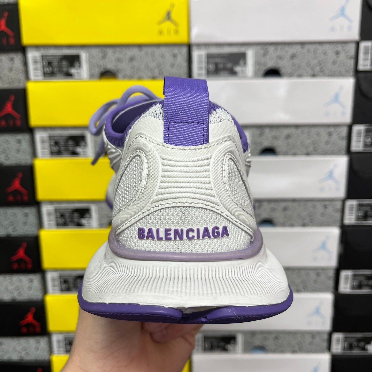 Unisex white sneaker with BALENCIAGA heel lettering and purple collar