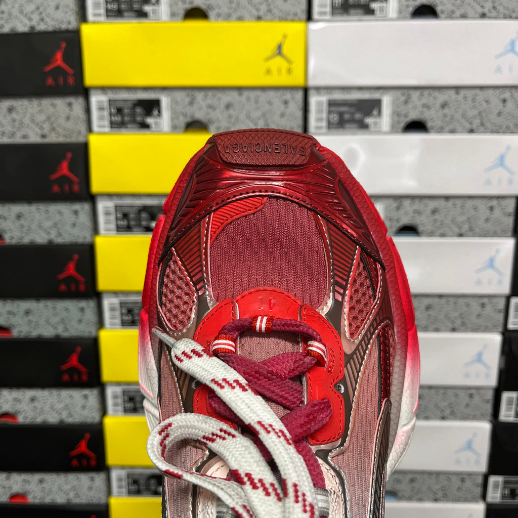 Red Balenciaga runner sneaker tongue and lacing detail with textured upper
