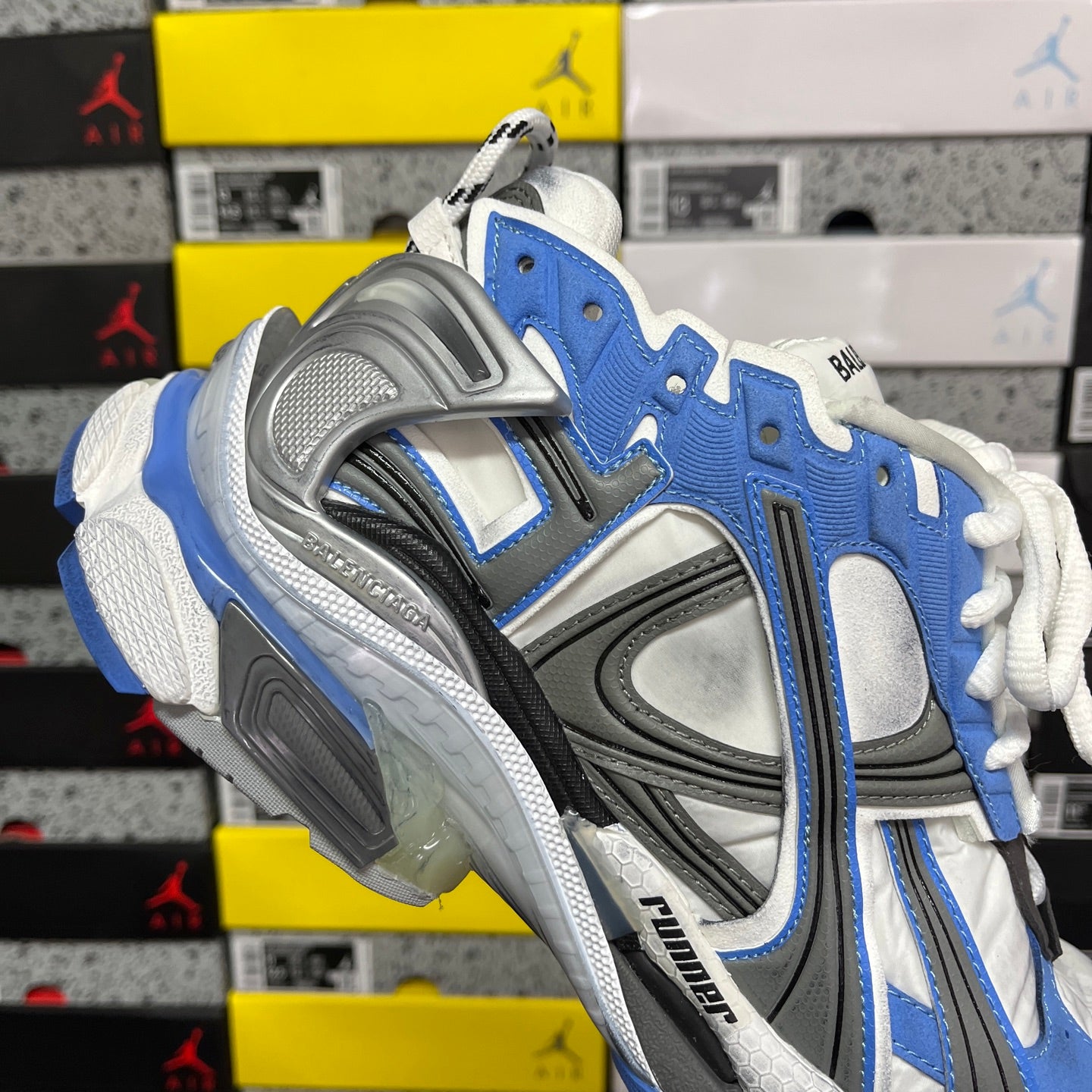 Balenciaga unisex sneakers in blue and white with thick silver-gray rubber sole