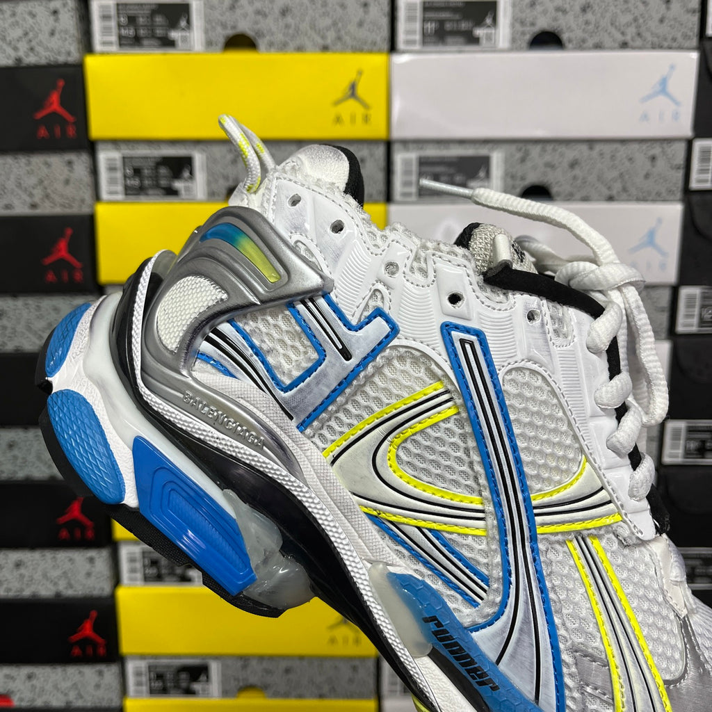 Balenciaga unisex luxury shoes, white lace-up sneaker with blue and yellow side graphic accents