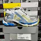 Balenciaga unisex luxury shoes, white lace-up sneaker with blue accents and neon yellow trim