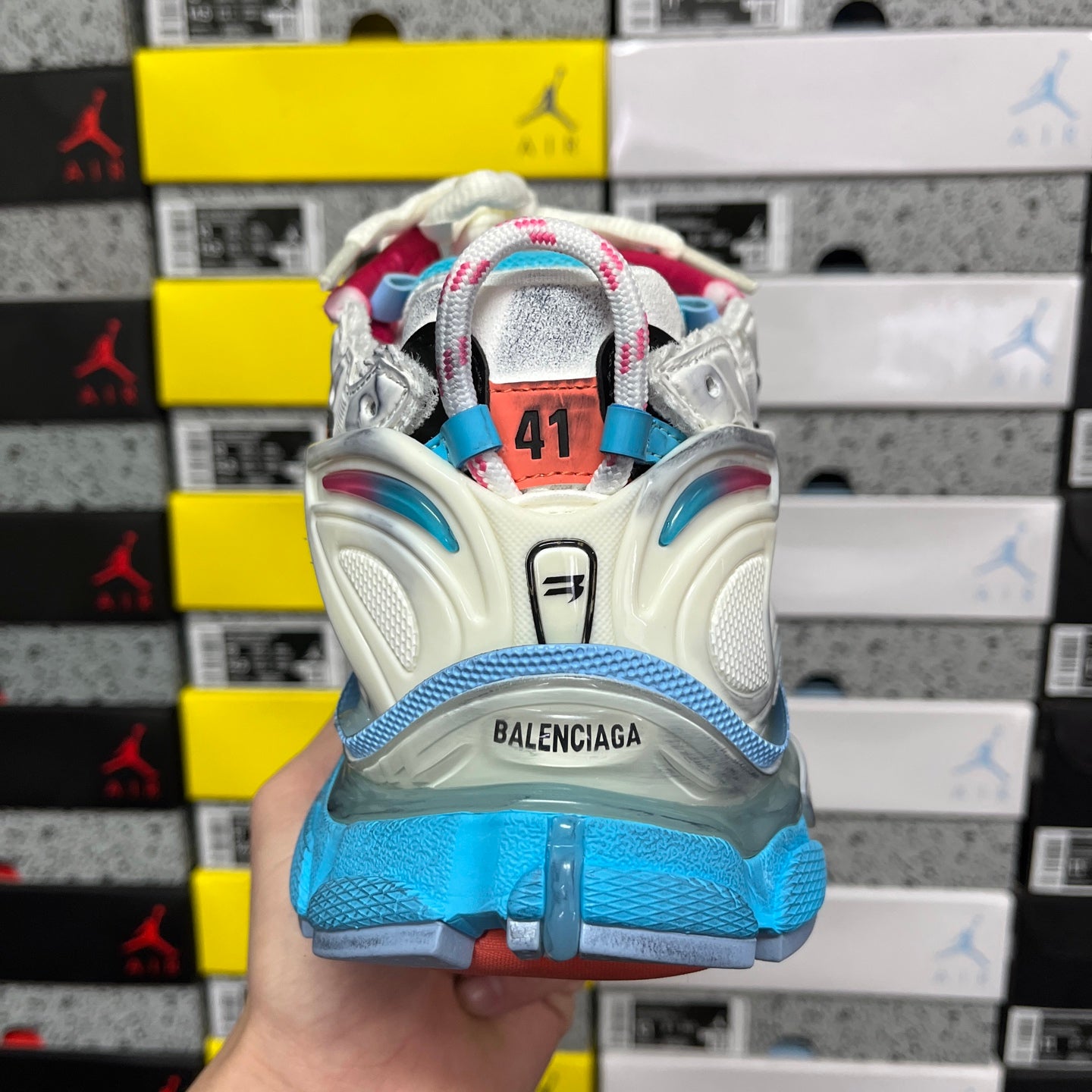 Balenciaga runner sneaker outsole with red and blue tread pattern