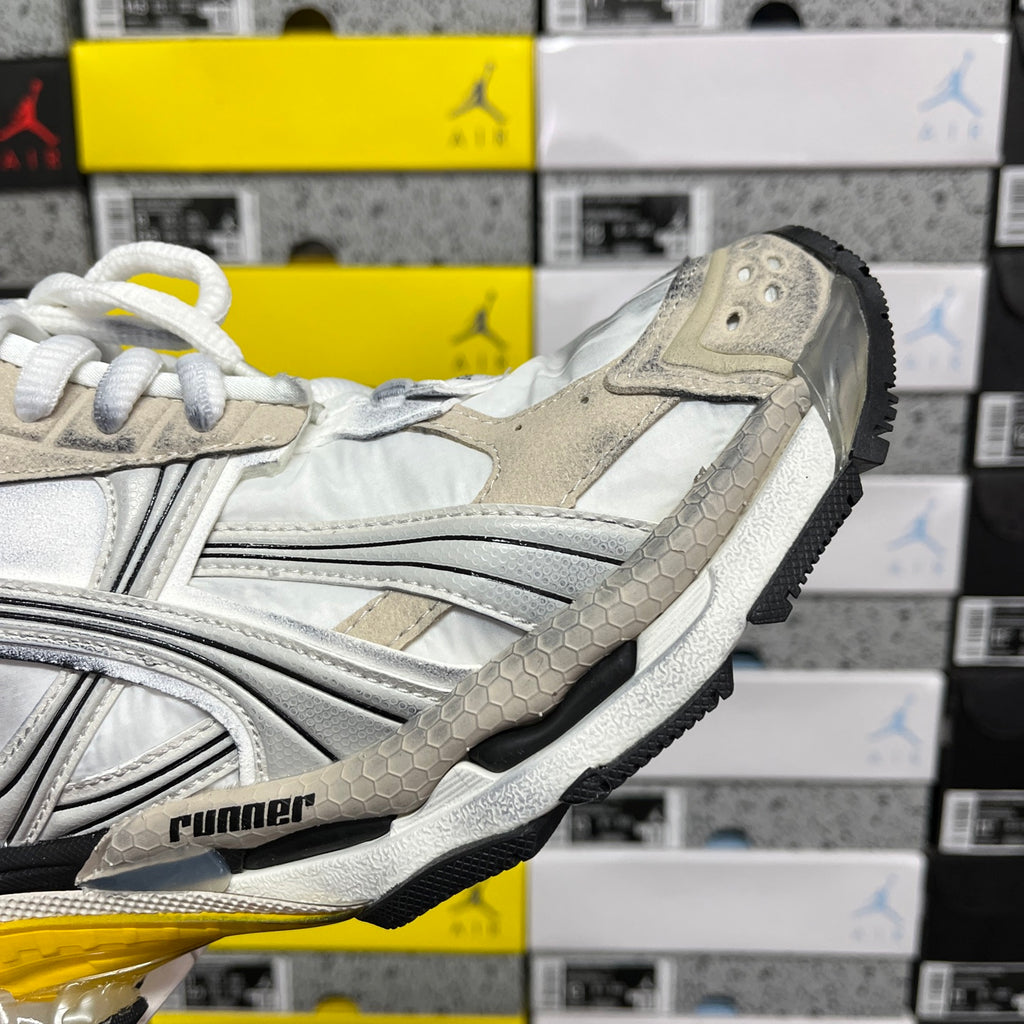 White and metallic Balenciaga unisex sneaker with textured side panel and laces