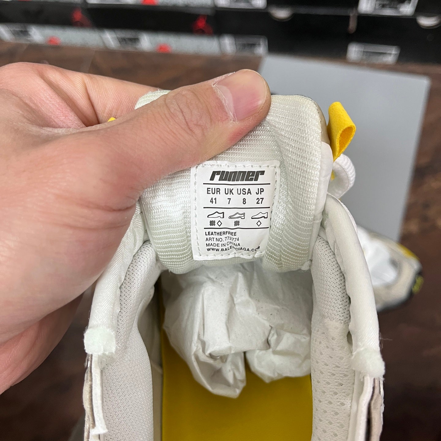White Balenciaga unisex sneaker label on inside tongue with sizing text