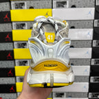White Balenciaga unisex sneaker back with BALENCIAGA logo and yellow trim