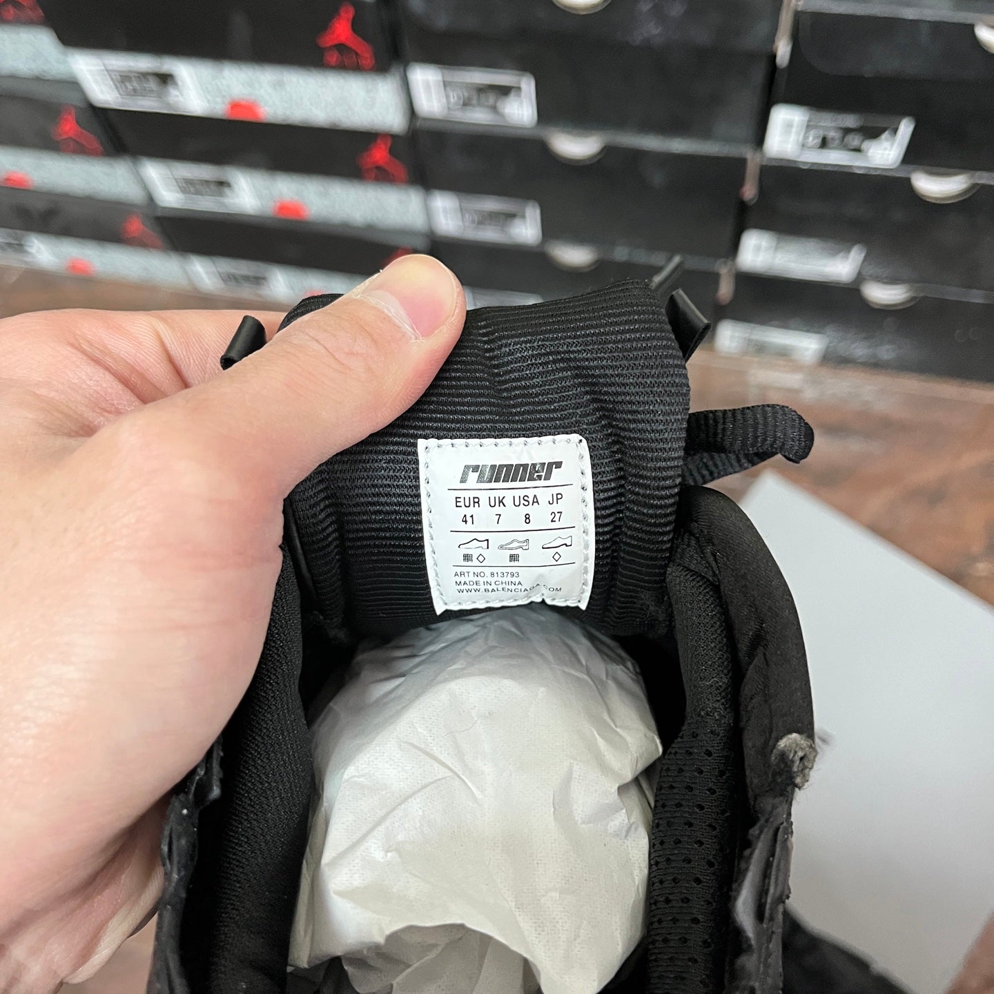 Balenciaga unisex runner shoe size tag inside collar, text on label