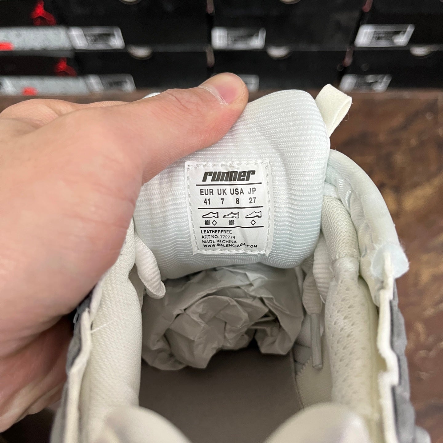 Balenciaga unisex sneaker tongue label, white with RUNNER text and size info