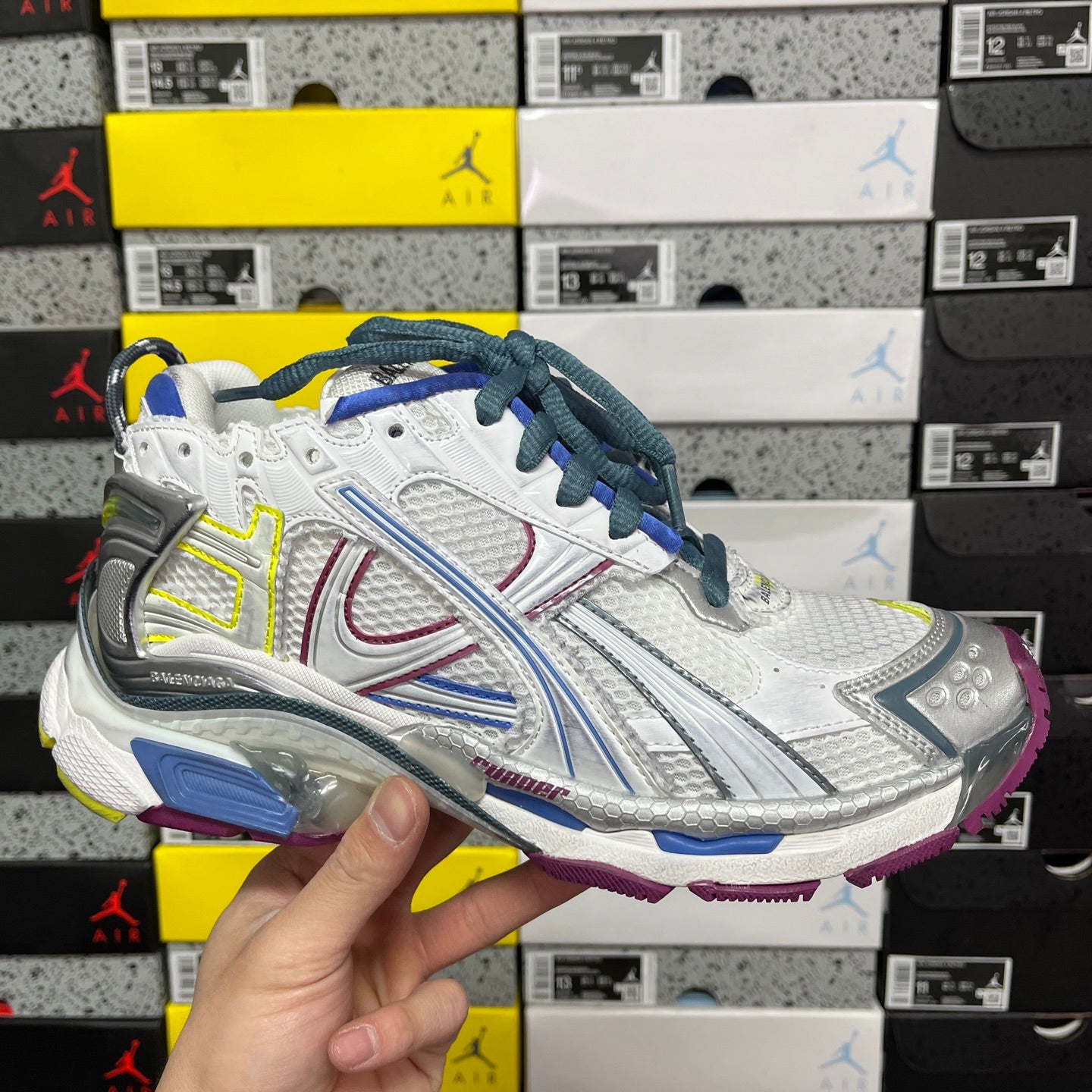 Balenciaga unisex running shoe, white mesh upper with blue laces and neon yellow accents