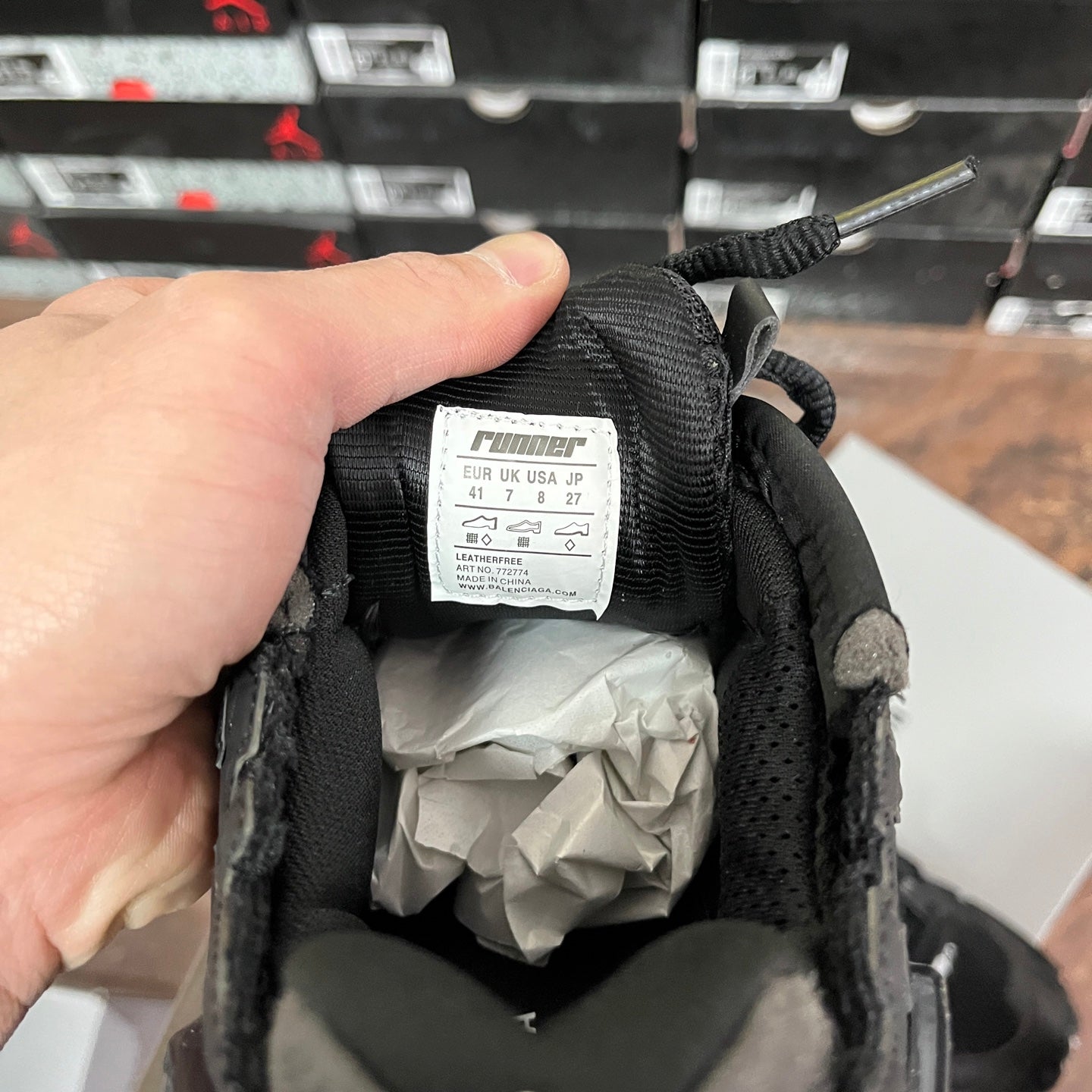 Balenciaga unisex black sneaker inner lining and size label on sock collar