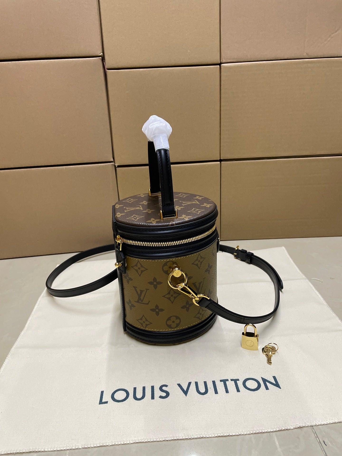 Louis Vuitton mini bucket bag with monogram canvas, black zipper top, and wrist strap