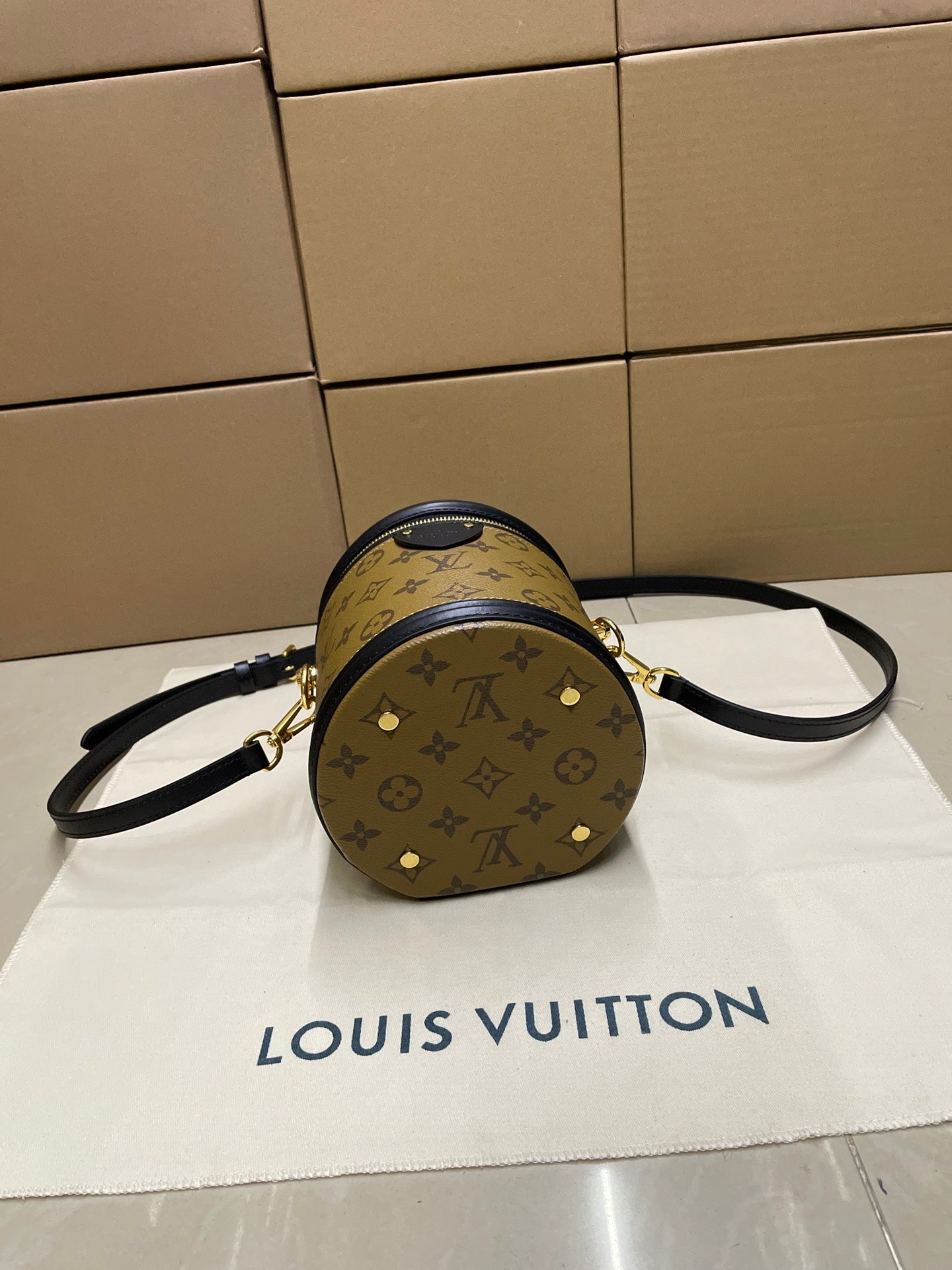 Louis Vuitton mini bucket bag shown from side/back with monogram print and black strap