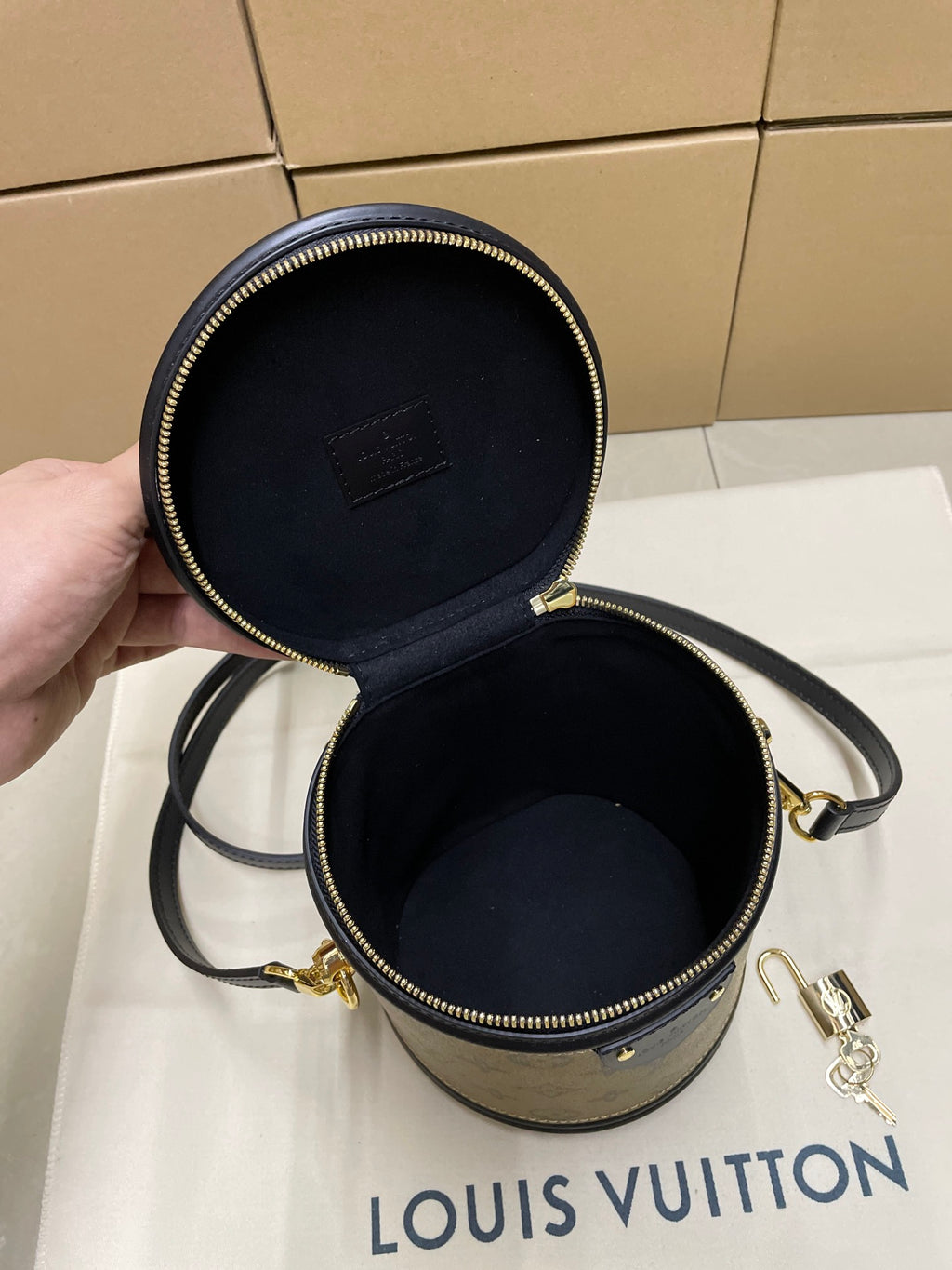Louis Vuitton mini bucket bag opened view with black interior and gold zipper trim