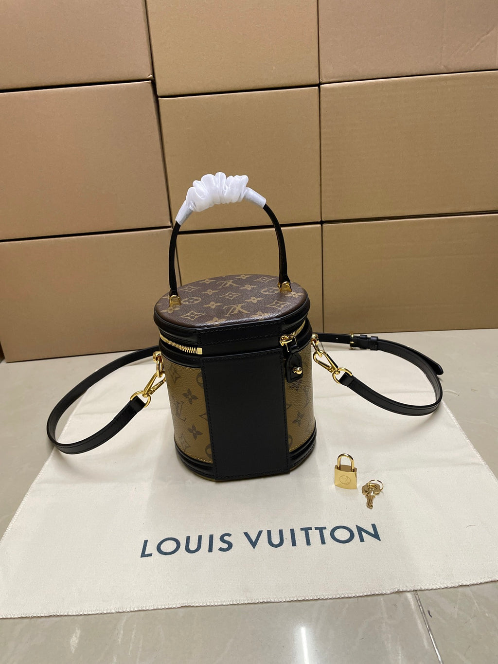 Louis Vuitton mini bucket bag with monogram canvas, black side panel, and crossbody strap