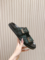 Fendi monogram slide sandals angled view, dark green FF pattern straps with buckles