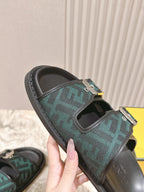 Fendi monogram slide sandals, dark green upper with buckle straps and black sole