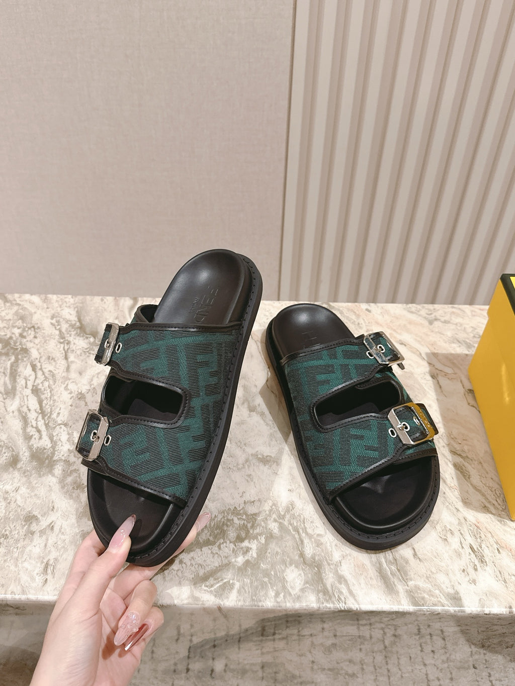 Fendi monogram sandals, dark green upper with black leather toe strap and buckles