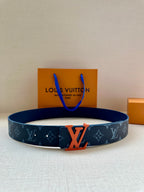 Louis Vuitton monogram belt in dark blue with orange LV buckle